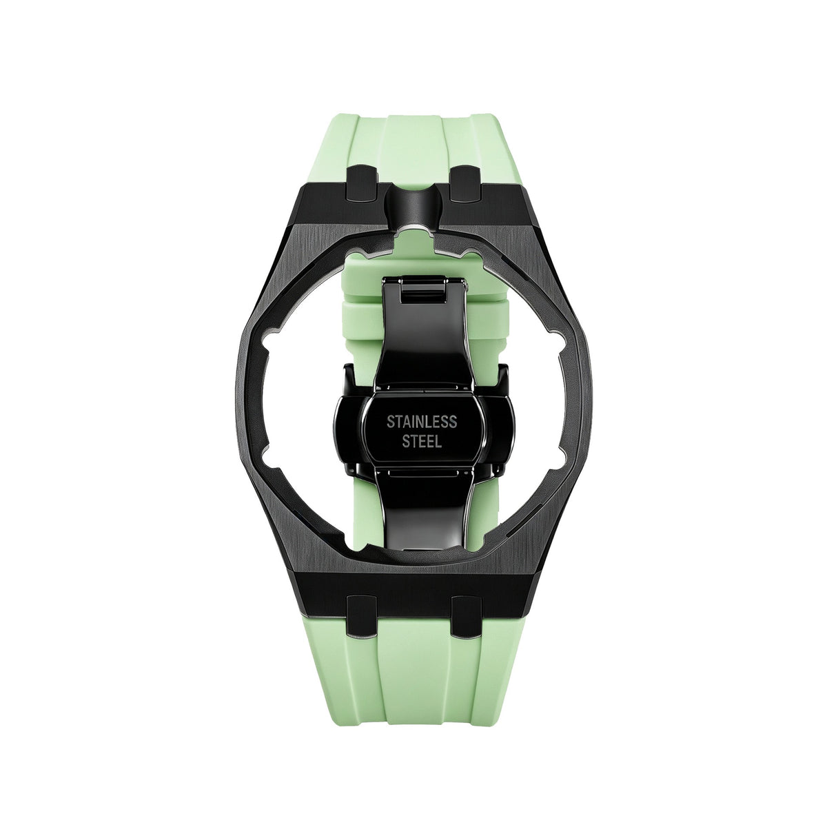 42mm black steel conversion case with light green rubber strap, crown at 12 o'clock