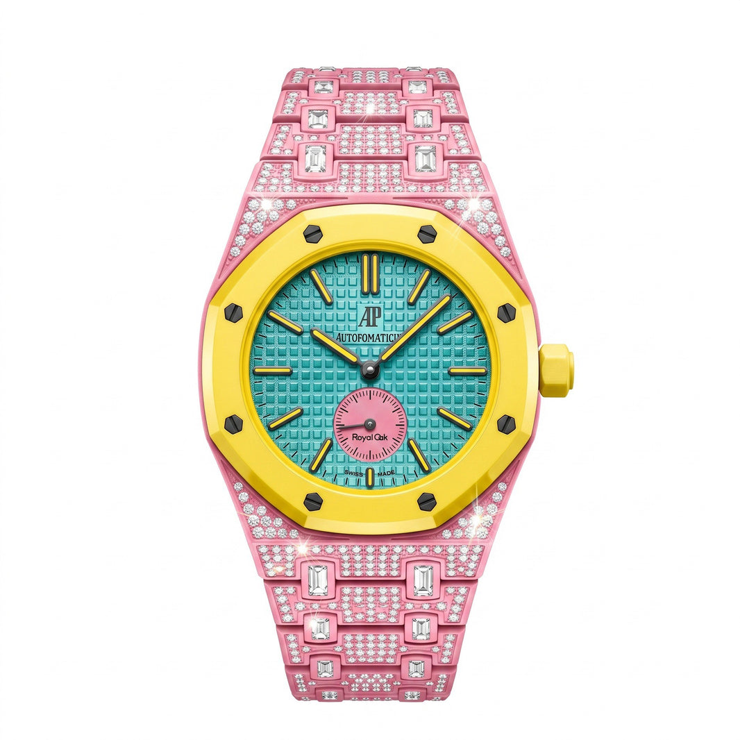 Crystal-set stainless steel conversion case and bracelet, pink with gold bezel and turquoise dial, 42mm, crown at 3 o'clock