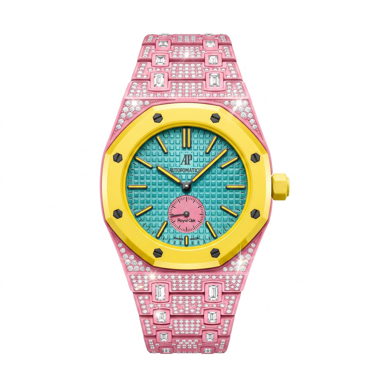 Crystal-set stainless steel conversion case and bracelet, pink with gold bezel and turquoise dial, 42mm, crown at 3 o'clock