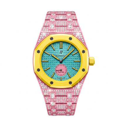 Crystal-set stainless steel conversion case and bracelet, pink with gold bezel and turquoise dial, 42mm, crown at 3 o'clock