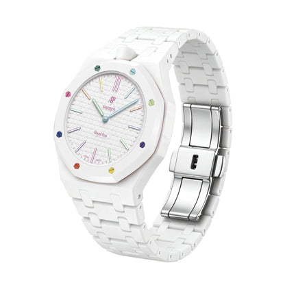 42mm bio-ceramic conversion case and integrated bracelet, white, crown at 12 o'clock