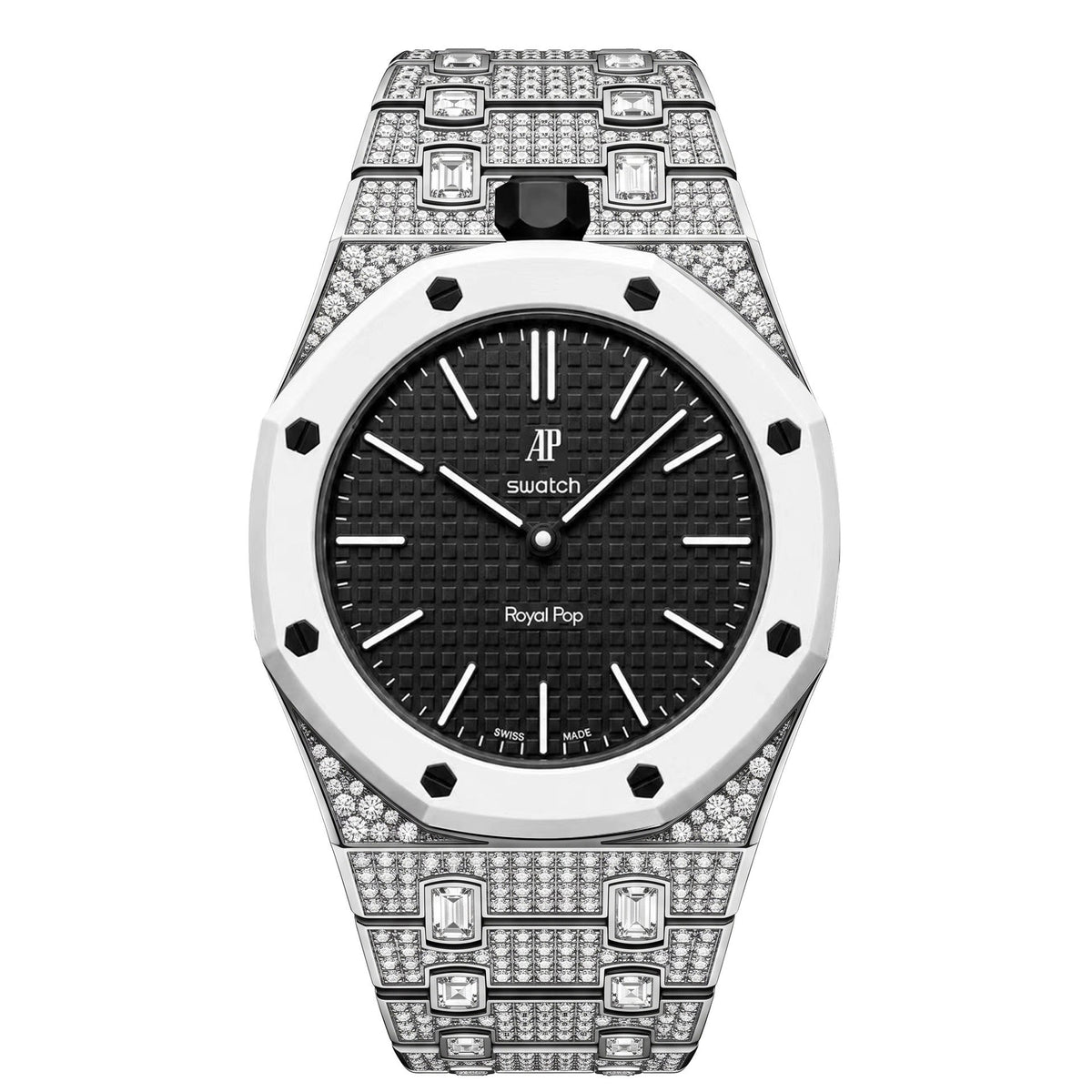 Crystal-set stainless steel conversion case and bracelet, silver with white bezel and black dial, 42mm, crown at 12 o'clock