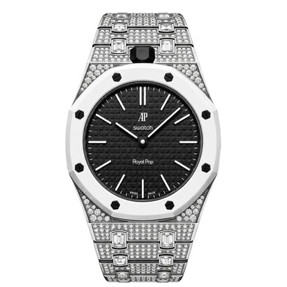 Crystal-set stainless steel conversion case and bracelet, silver with white bezel and black dial, 42mm, crown at 12 o'clock