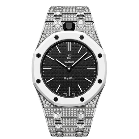 Crystal-set stainless steel conversion case and bracelet, silver with white bezel and black dial, 42mm, crown at 12 o'clock