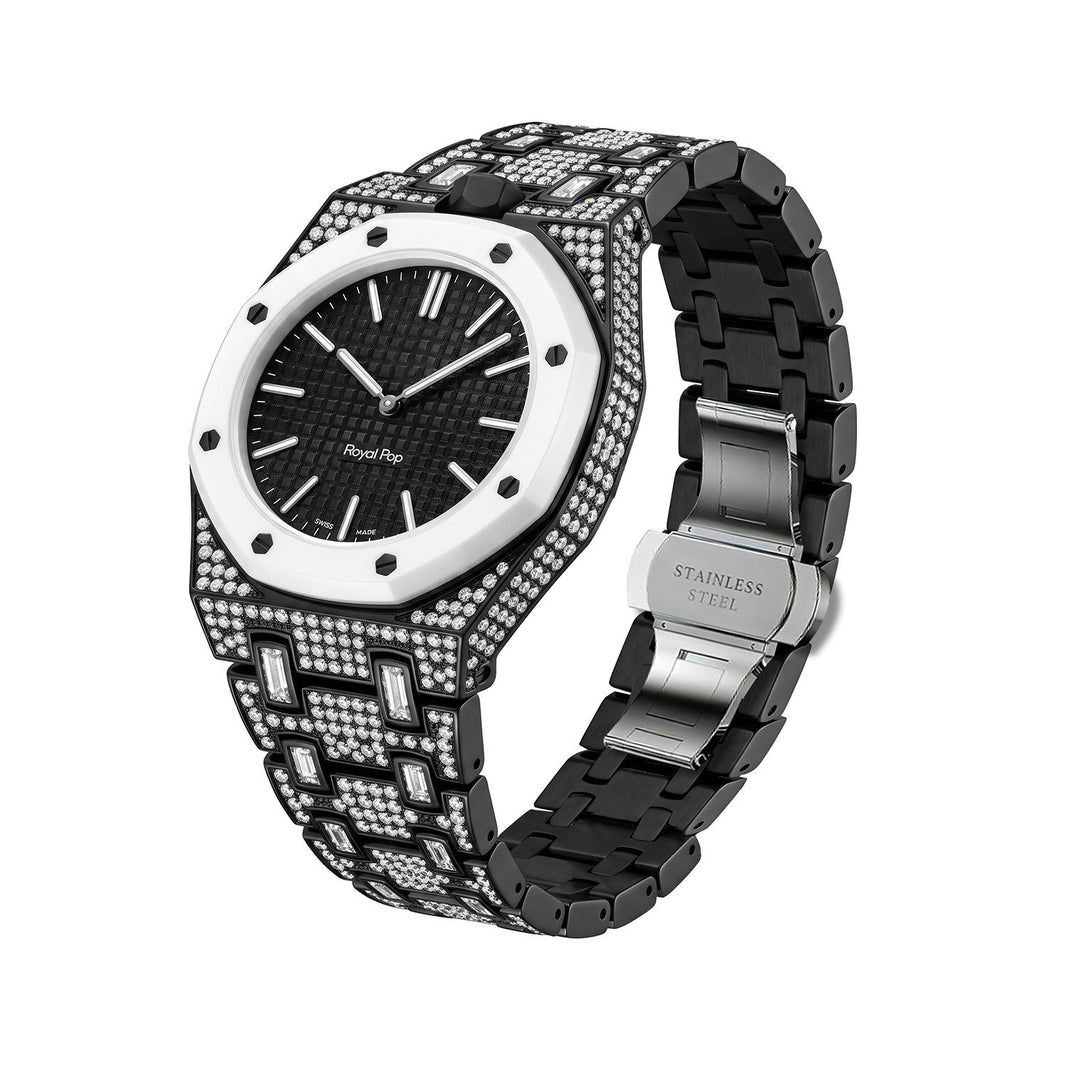 Crystal-set stainless steel conversion case and bracelet, black with white bezel and black dial, side view showing stainless butterfly clasp