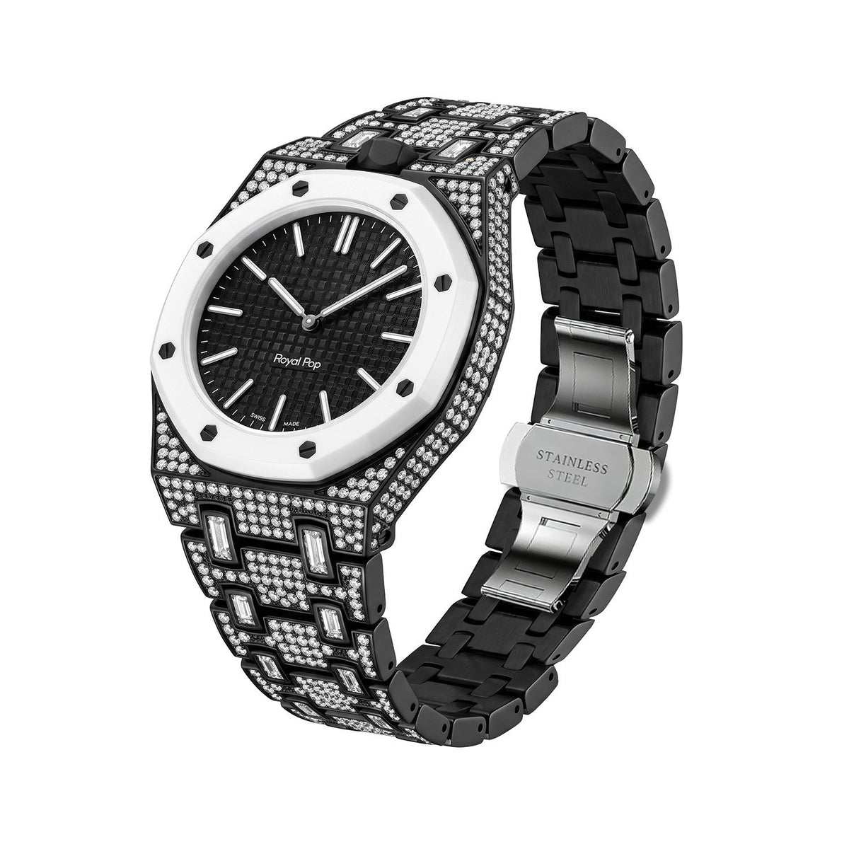 Crystal-set stainless steel conversion case and bracelet, black with white bezel and black dial, side view showing stainless butterfly clasp