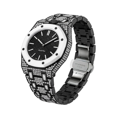 Crystal-set stainless steel conversion case and bracelet, black with white bezel and black dial, side view showing stainless butterfly clasp