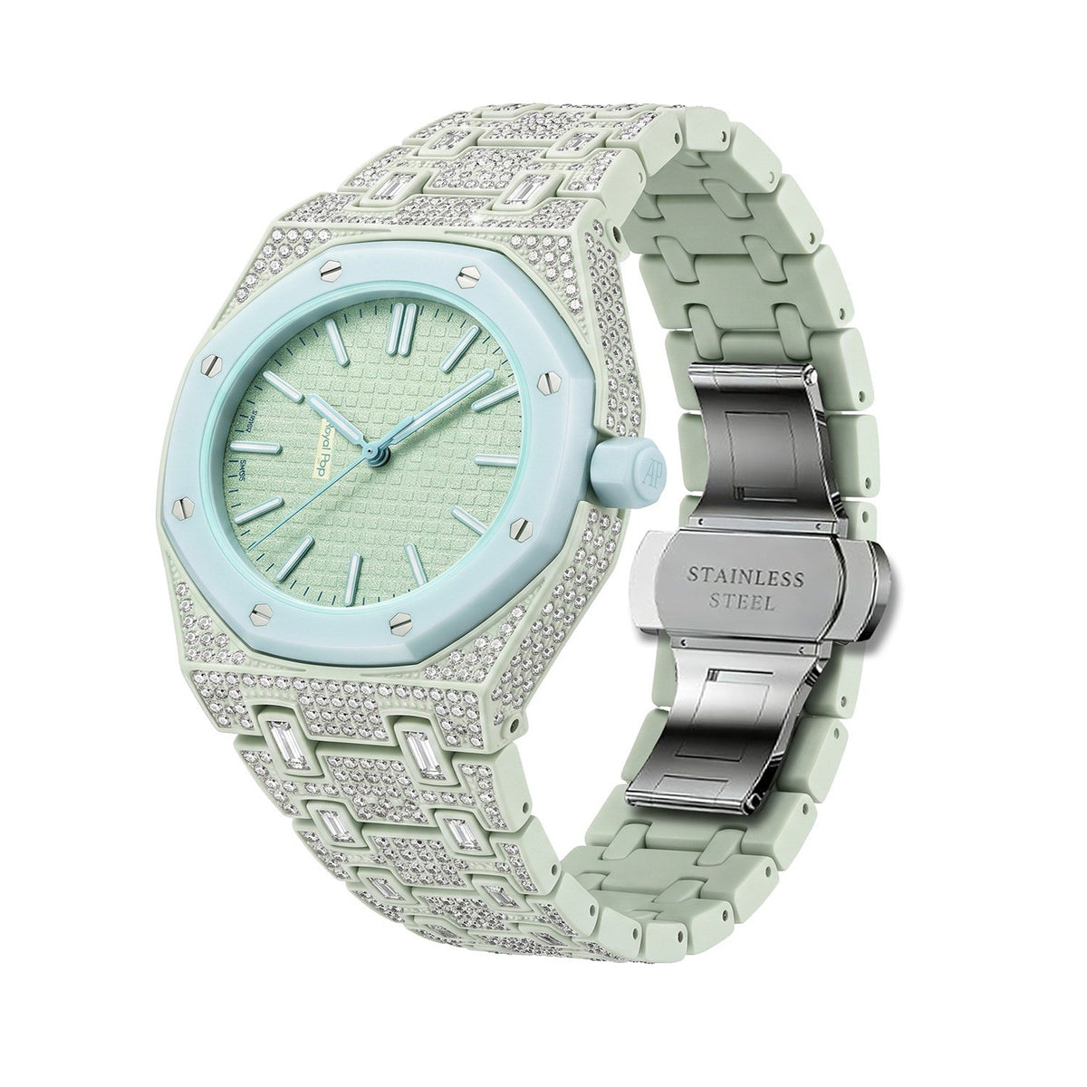 Crystal-set stainless steel conversion case and bracelet, sage green with ice blue bezel and pale green dial, 42mm