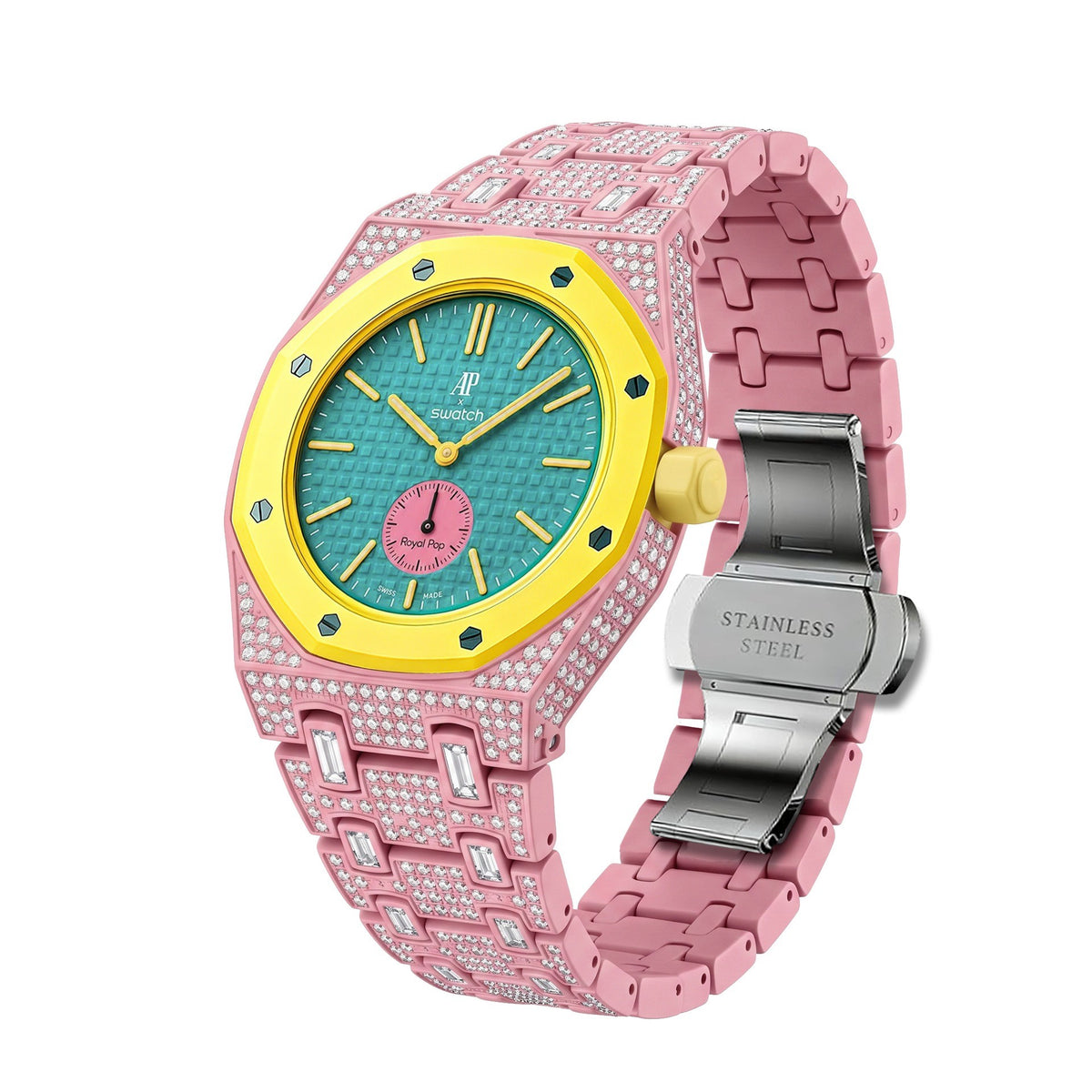 Crystal-set stainless steel conversion case and bracelet, pink with gold bezel and turquoise dial, side view showing stainless butterfly clasp