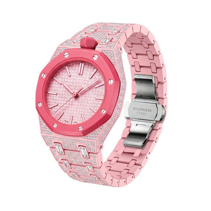 Crystal-set stainless steel conversion case and bracelet, rose pink with pink dial, 42mm, crown at 12 o'clock