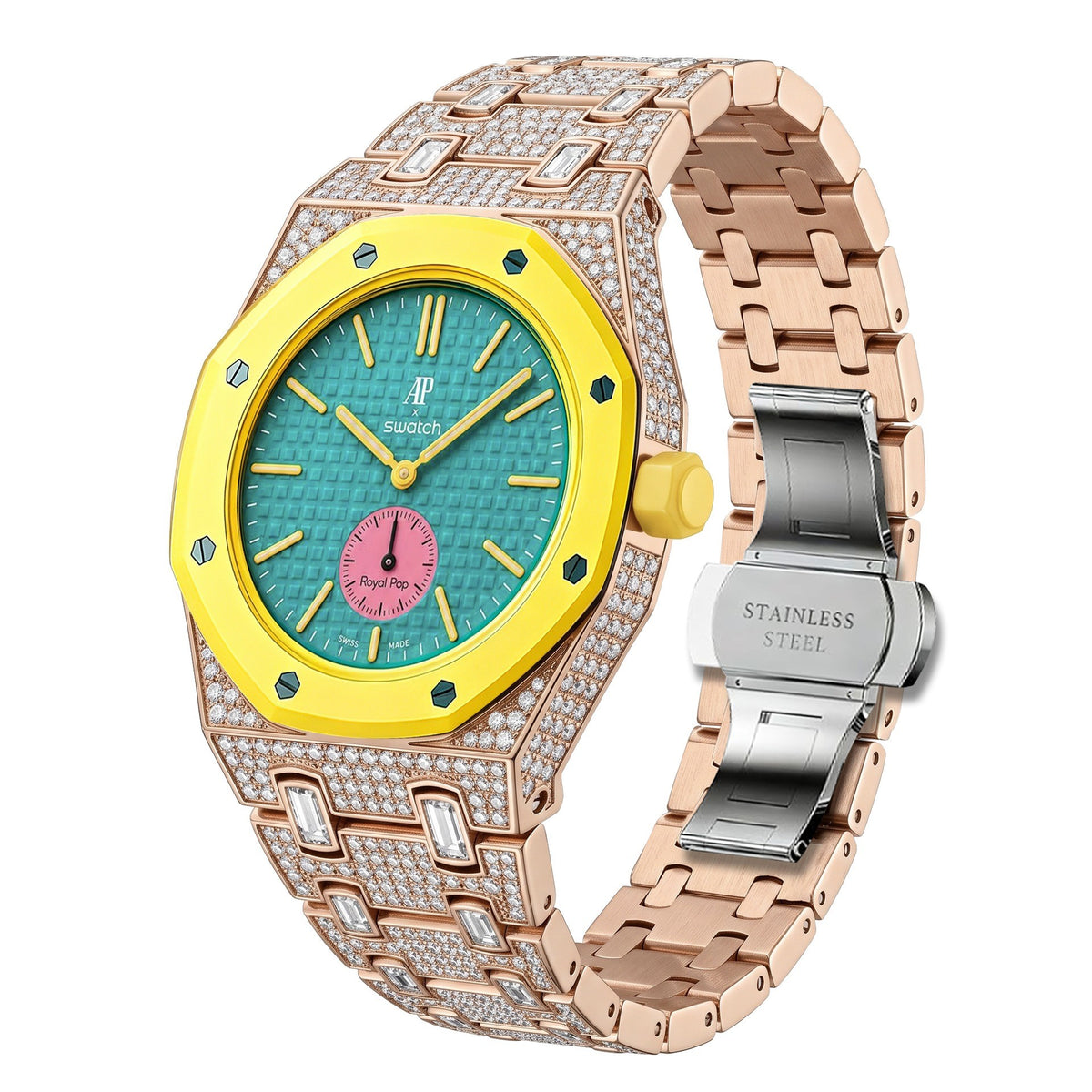 Crystal-set stainless steel conversion case and bracelet, rose gold with yellow bezel and turquoise dial, 42mm, crown at 3 o'clock
