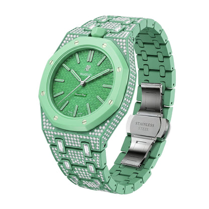 Crystal-set stainless steel conversion case and bracelet, deep green with green dial, 42mm, crown at 12 o'clock
