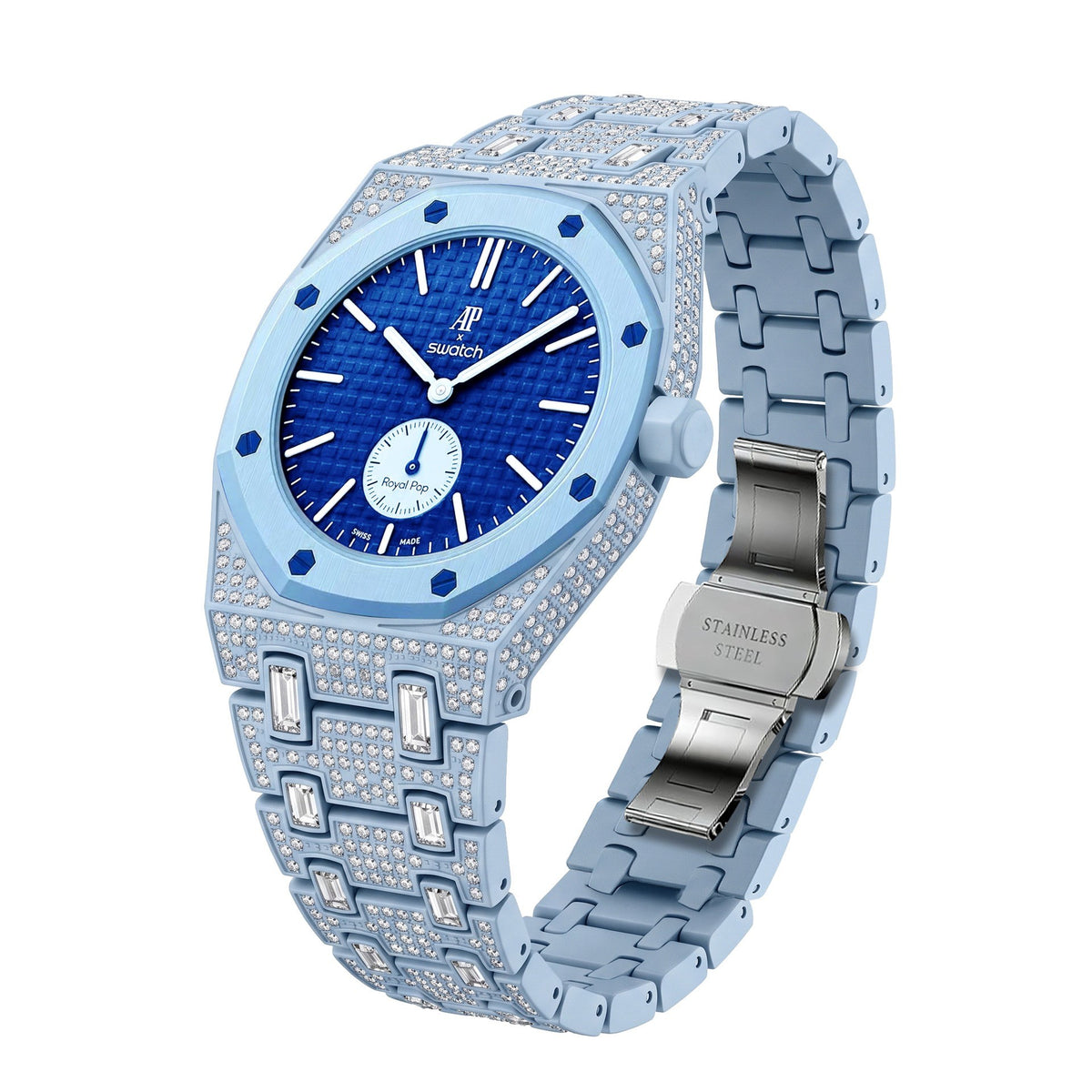 Crystal-set stainless steel conversion case and bracelet, ice blue with blue dial, 42mm, crown at 3 o'clock