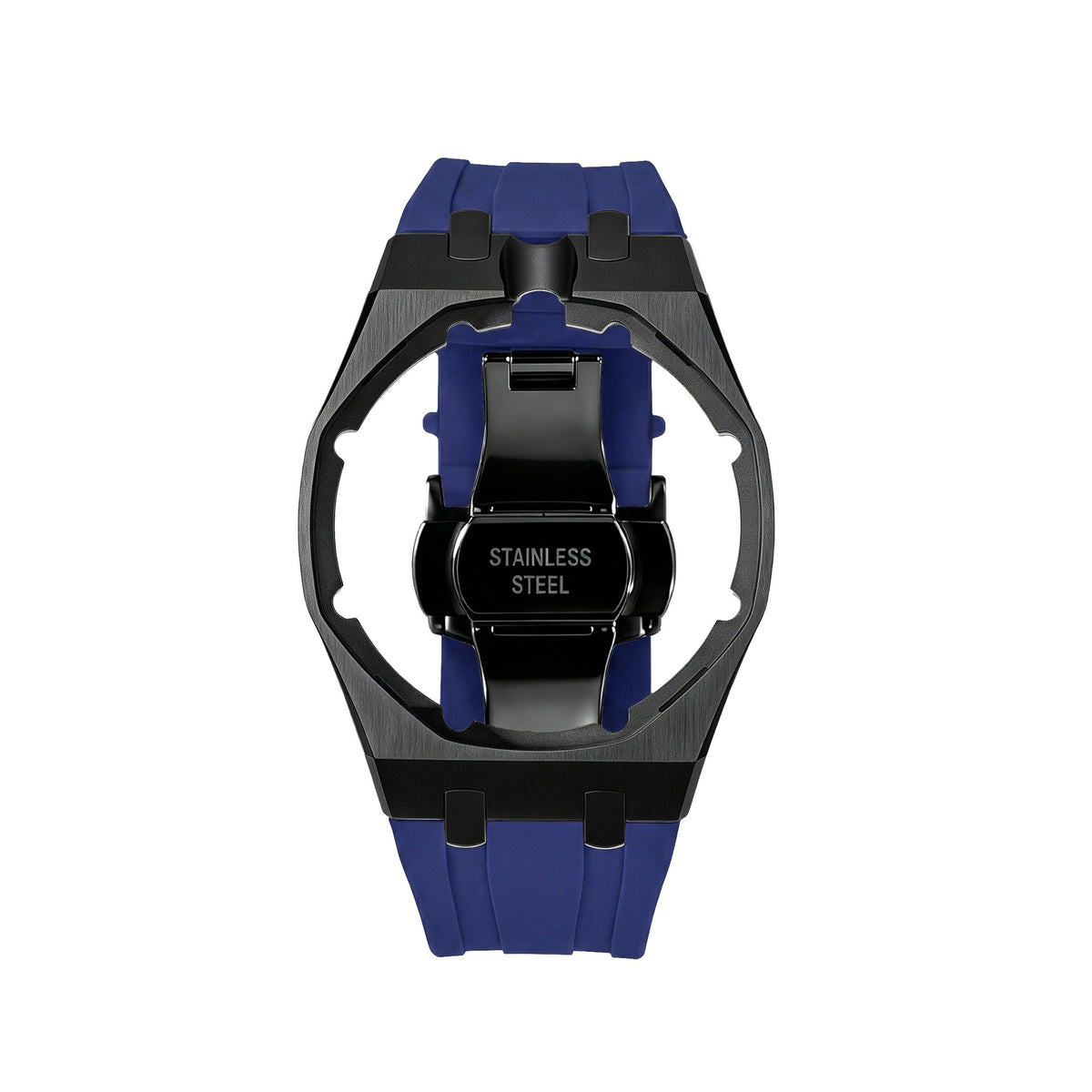42mm black steel conversion case with royal blue rubber strap, crown at 12 o'clock
