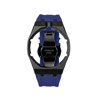 42mm black steel conversion case with royal blue rubber strap, crown at 12 o'clock