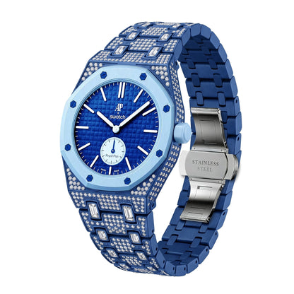Crystal-set stainless steel conversion case and bracelet, deep blue with ice blue bezel and blue dial, 42mm