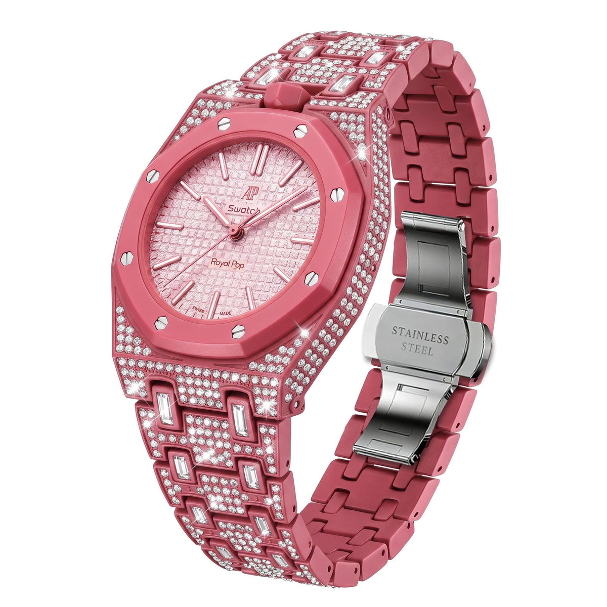 Crystal-set stainless steel conversion case and bracelet, raspberry with pale pink dial, 42mm, crown at 12 o'clock