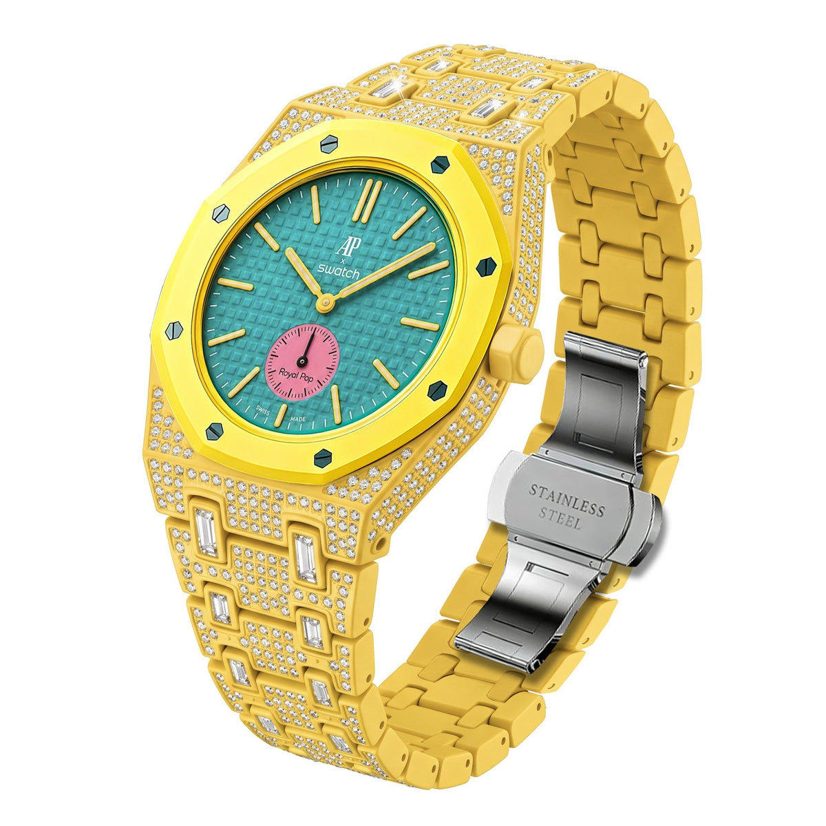 Crystal-set stainless steel conversion case and bracelet, yellow with turquoise dial, 42mm, crown at 3 o'clock