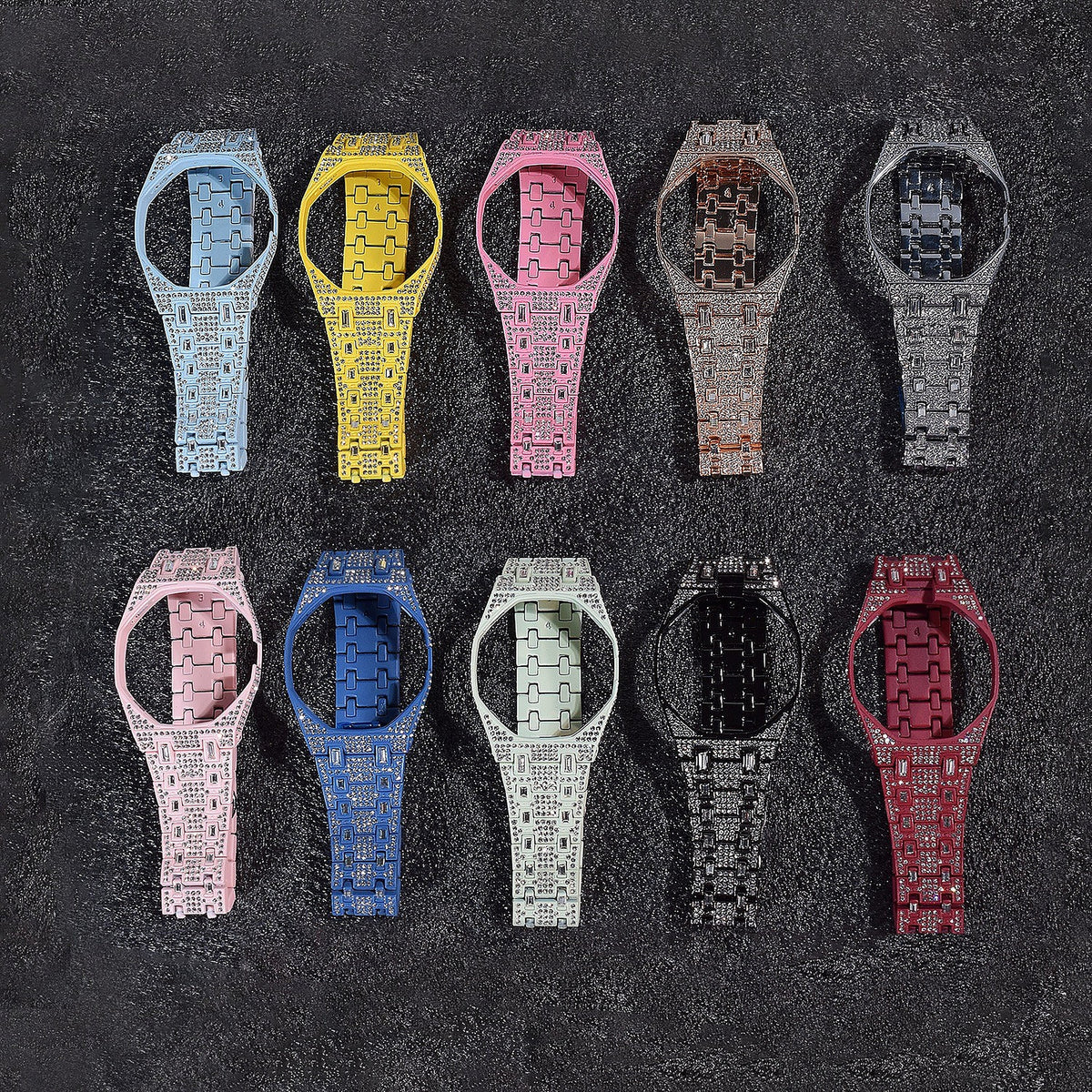 Crystal-set steel Royal Pop conversion case and bracelet colour options, ten case finishes with open case showing the movement opening