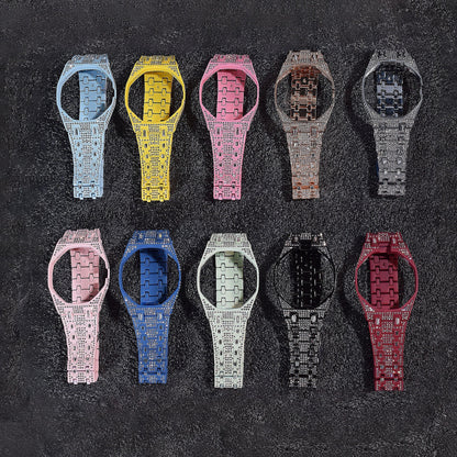 Crystal-set steel Royal Pop conversion case and bracelet colour options, ten case finishes with open case showing the movement opening