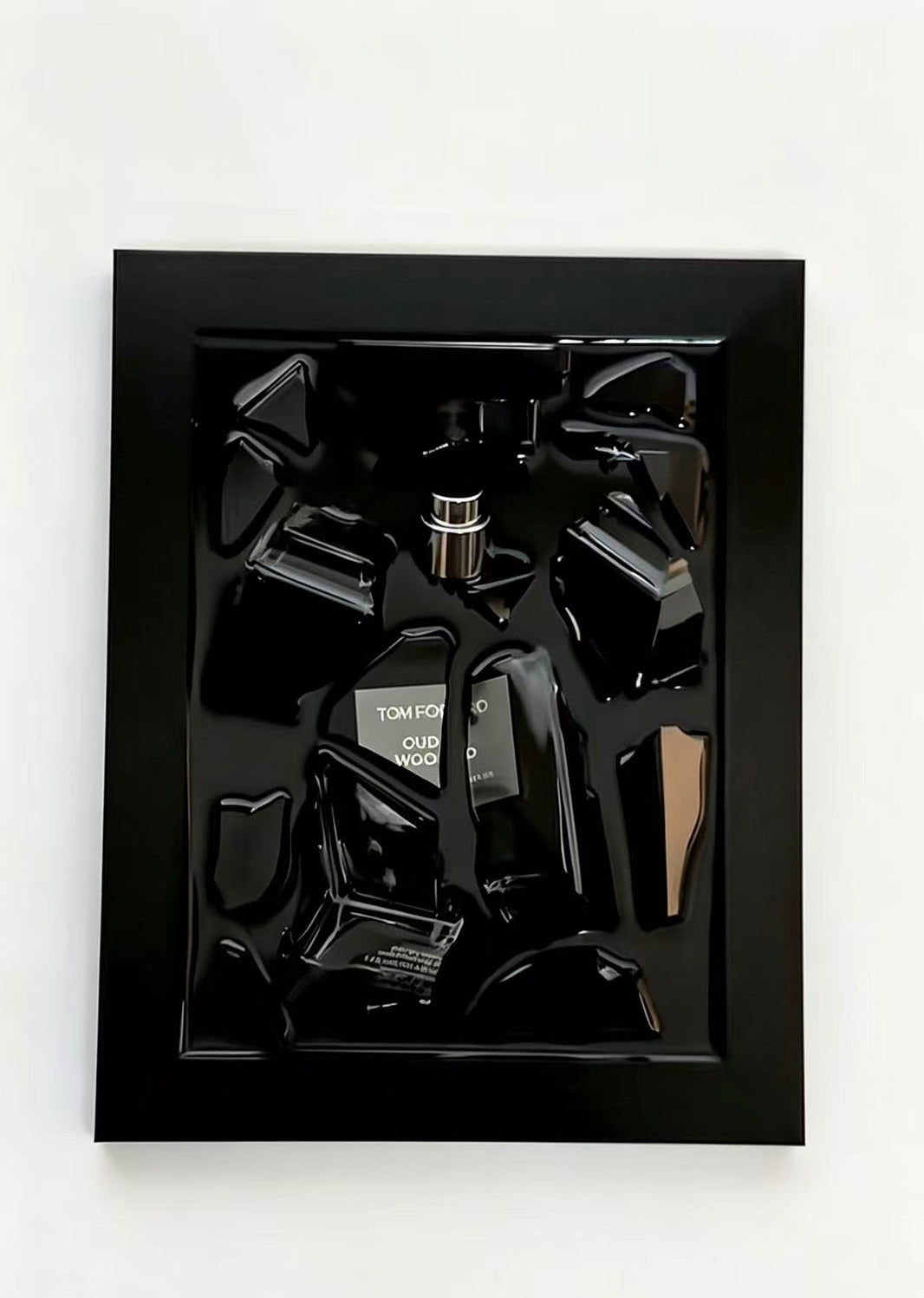 "TOM.FO · OUD · WOO" – Deconstructed Tom Ford Flacon Wall Art | Genuine Upcycled Glass Sculpture