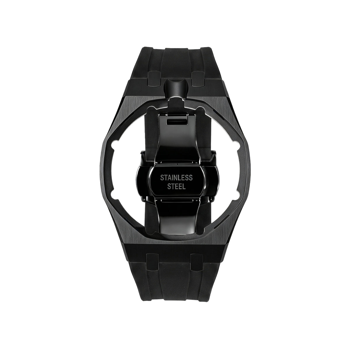 42mm black steel conversion case with black rubber strap, crown at 12 o'clock