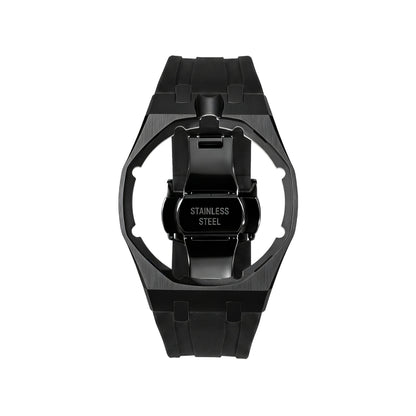 42mm black steel conversion case with black rubber strap, crown at 12 o'clock