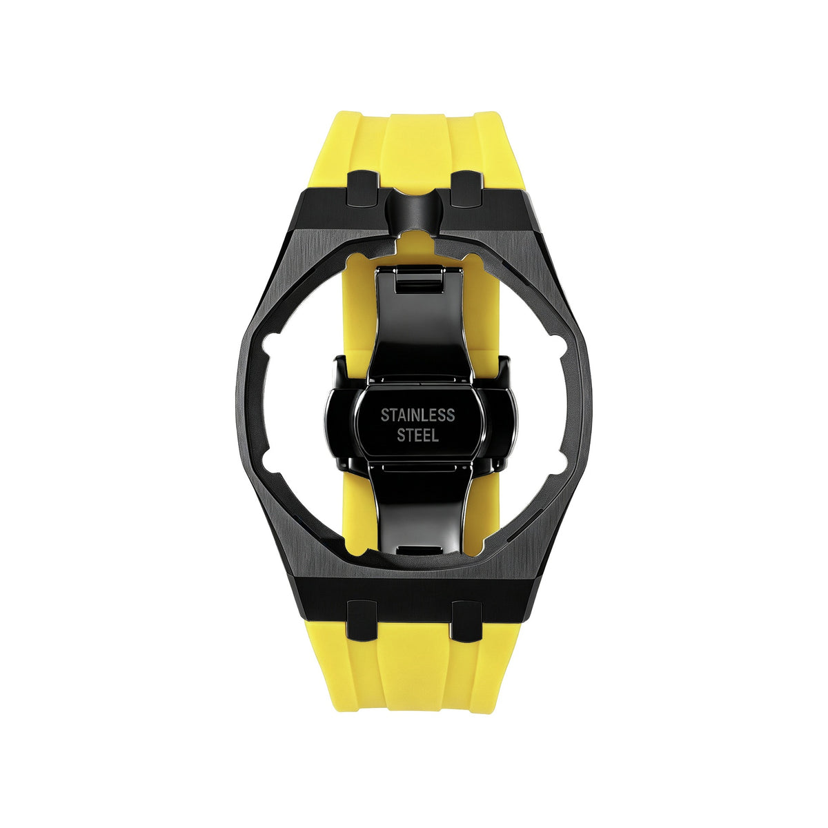 42mm black steel conversion case with yellow rubber strap, crown at 12 o'clock