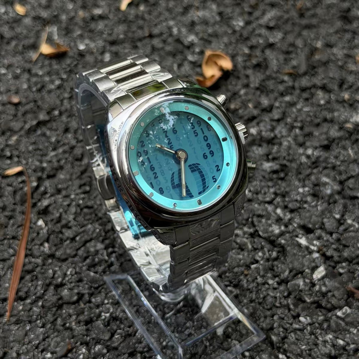 DSY digital rain quartz watch with sky blue dial and silver stainless steel band