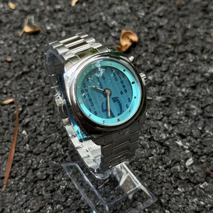 DSY digital rain quartz watch with sky blue dial and silver stainless steel band