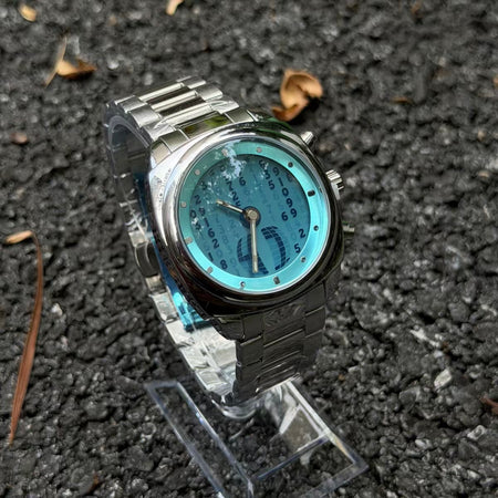 DSY digital rain quartz watch with sky blue dial and silver stainless steel band