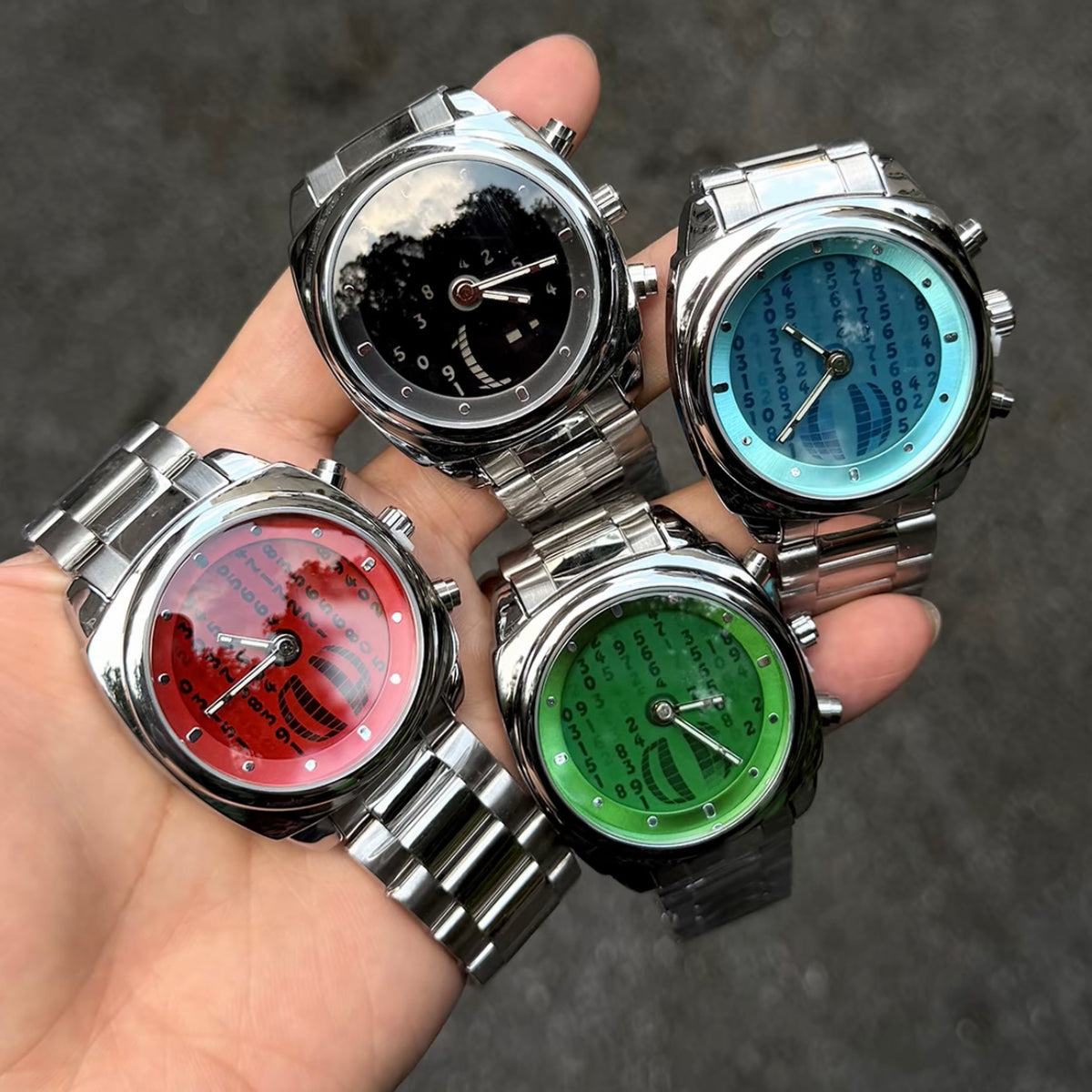 DSY digital rain watches in four dial colours, quartz OEM watches with silver stainless steel bands