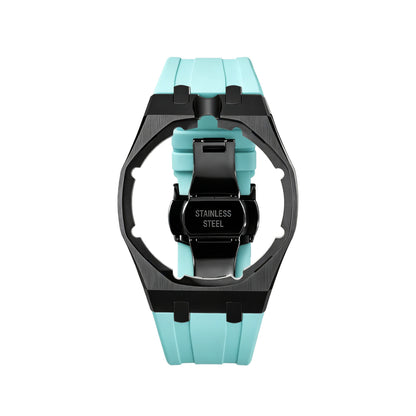 42mm black steel conversion case with mint rubber strap, crown at 12 o'clock