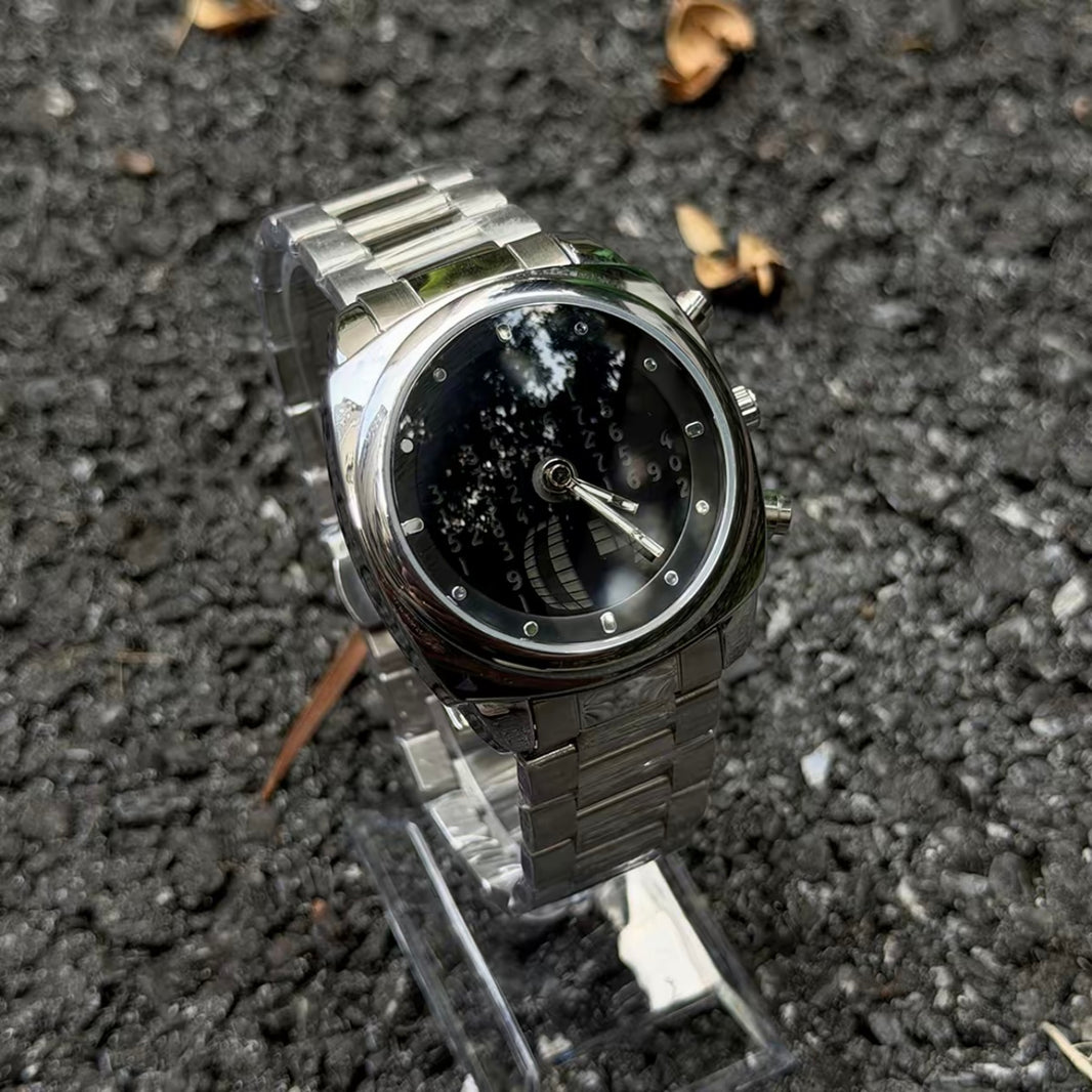 DSY digital rain quartz watch with deep black dial and silver stainless steel band