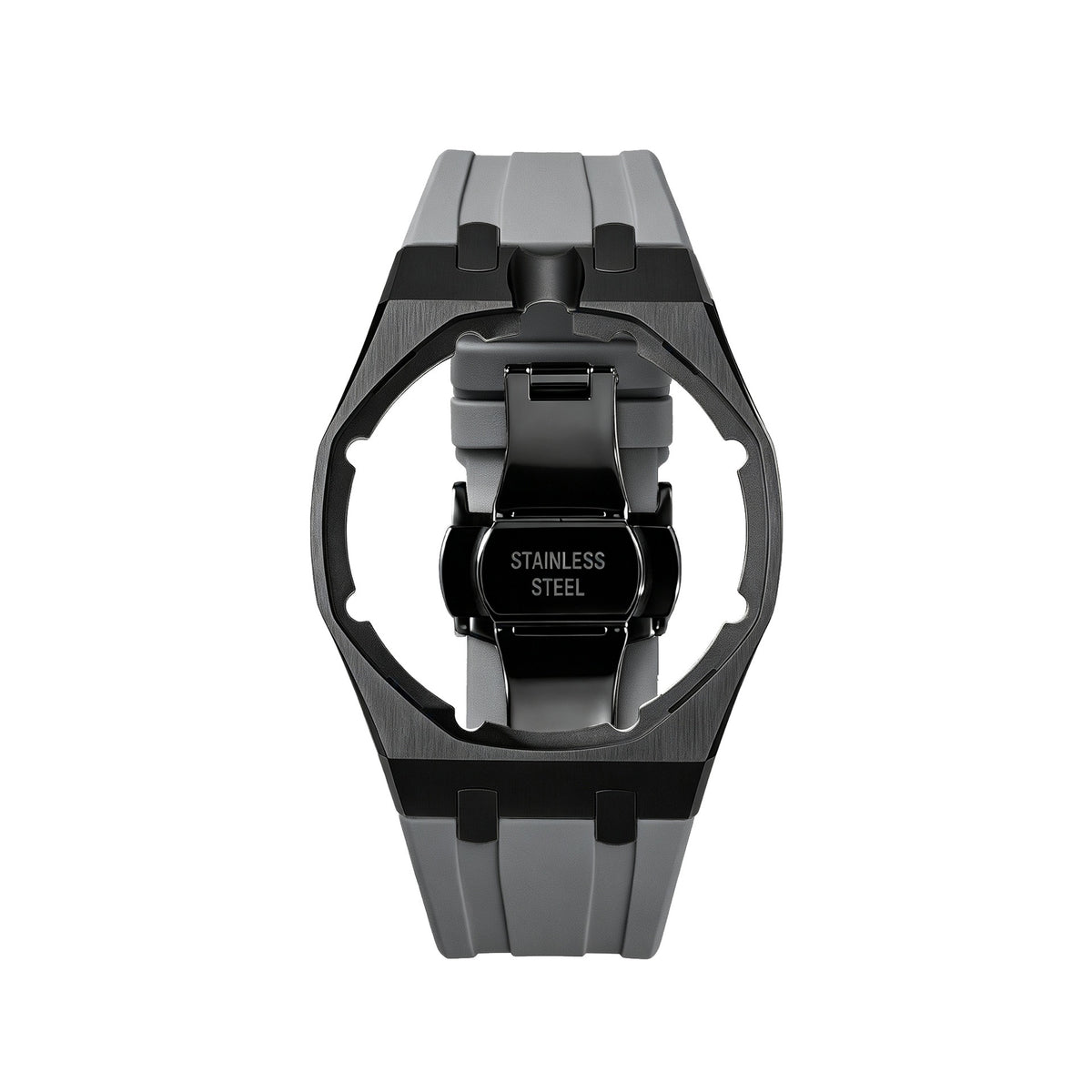 42mm black steel conversion case with grey rubber strap, crown at 12 o'clock