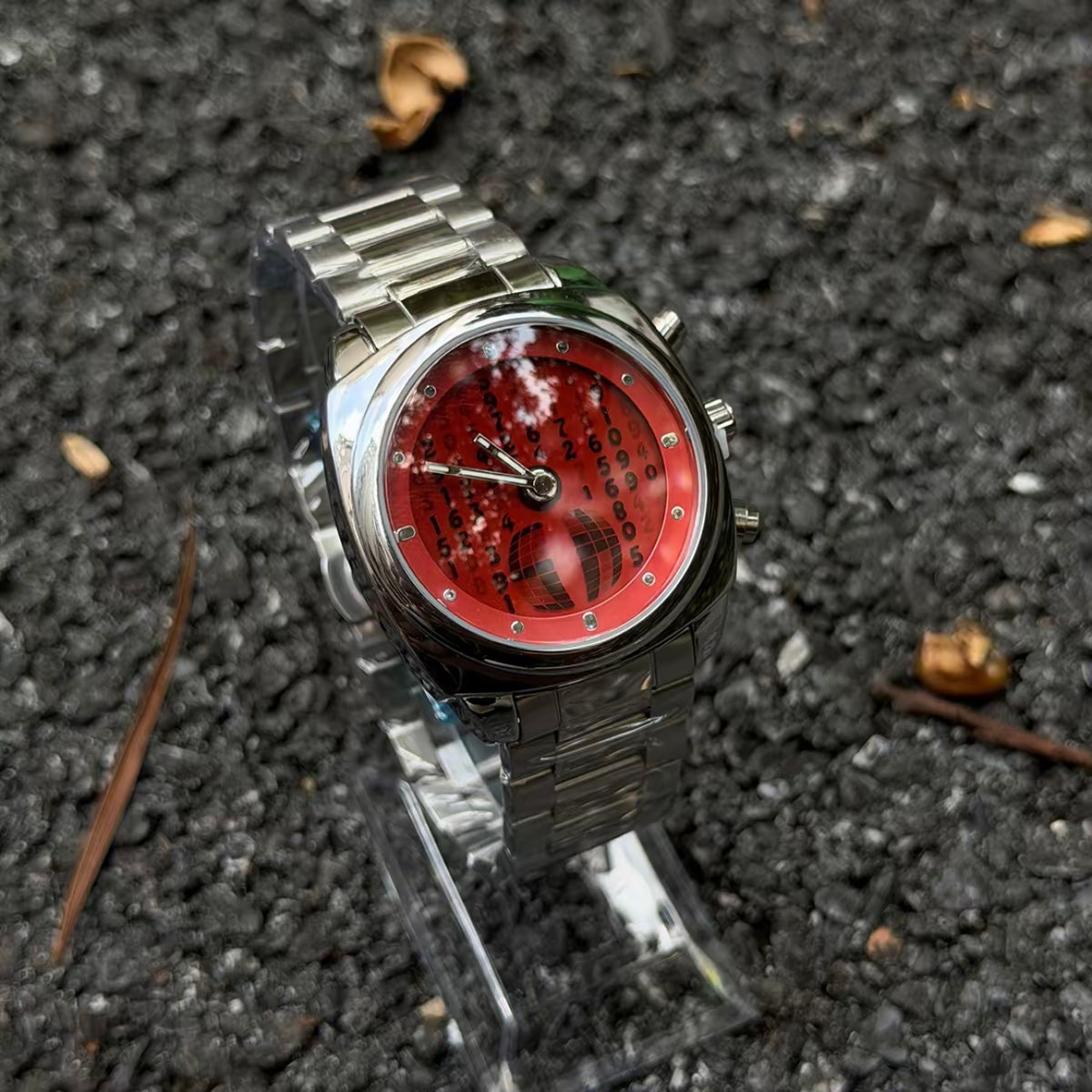 DSY digital rain quartz watch with red dial and silver stainless steel band