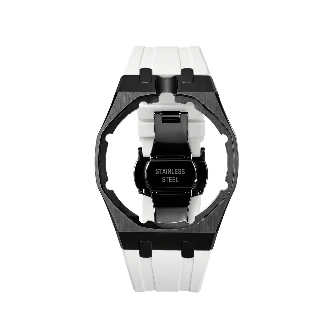 42mm black steel conversion case with white rubber strap, crown at 12 o'clock