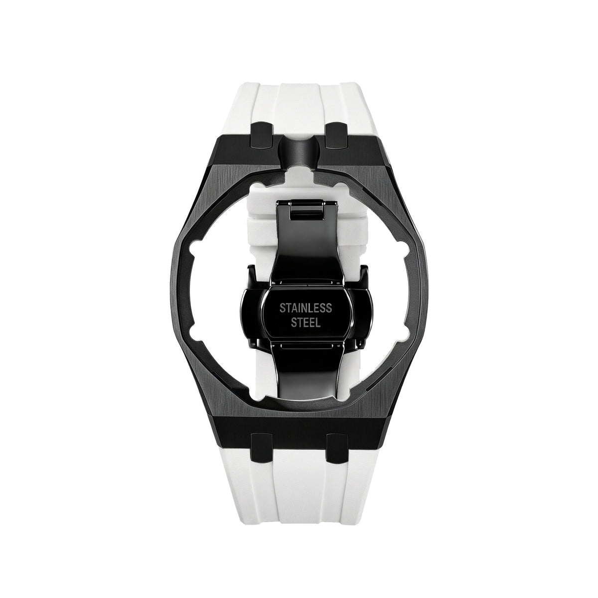42mm black steel conversion case with white rubber strap, crown at 12 o'clock
