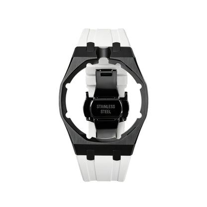 42mm black steel conversion case with white rubber strap, crown at 12 o'clock