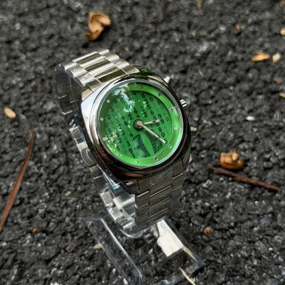 DSY digital rain quartz watch with green dial and silver stainless steel band