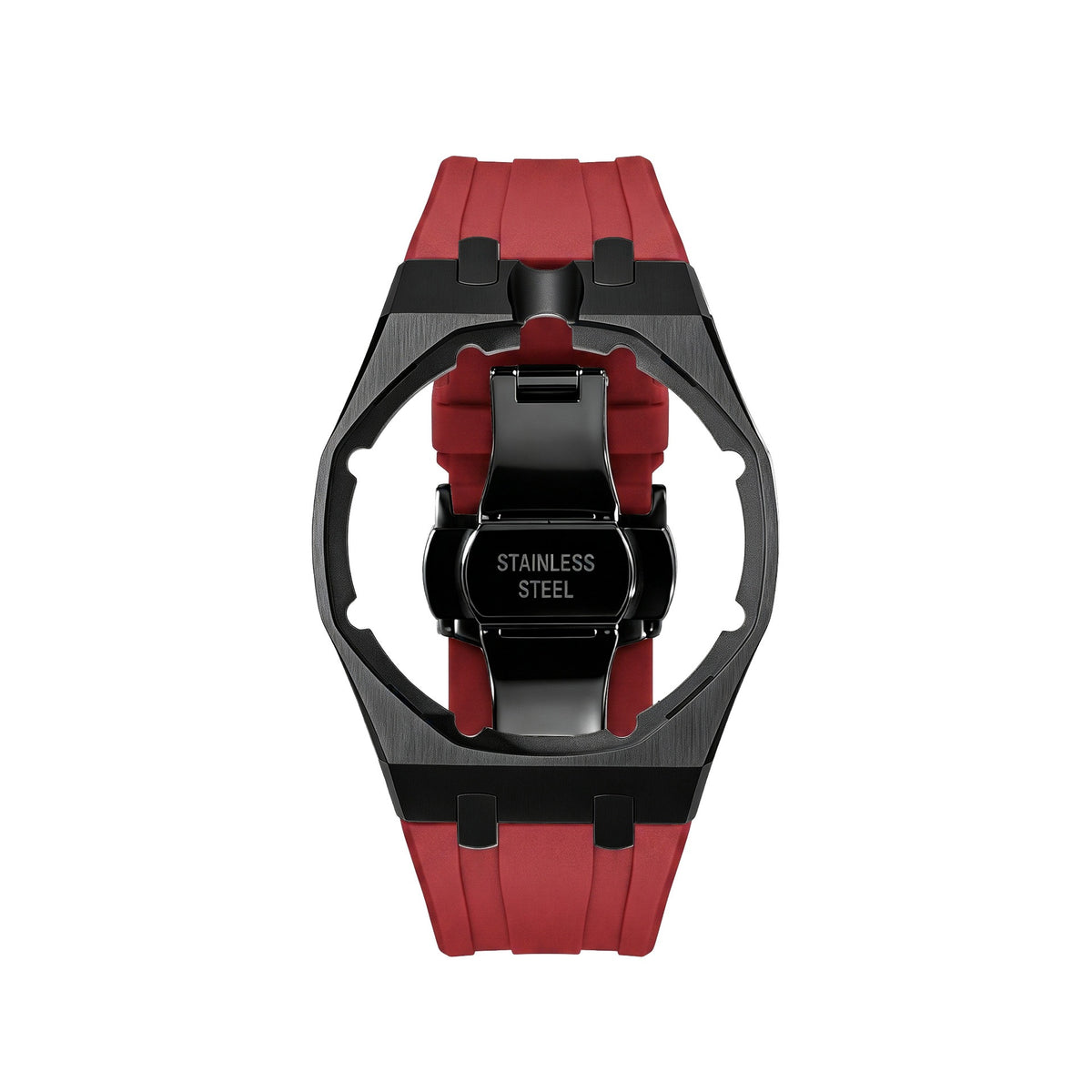 42mm black steel conversion case with red rubber strap, crown at 12 o'clock
