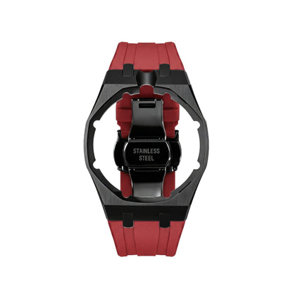 42mm black steel conversion case with red rubber strap, crown at 12 o'clock