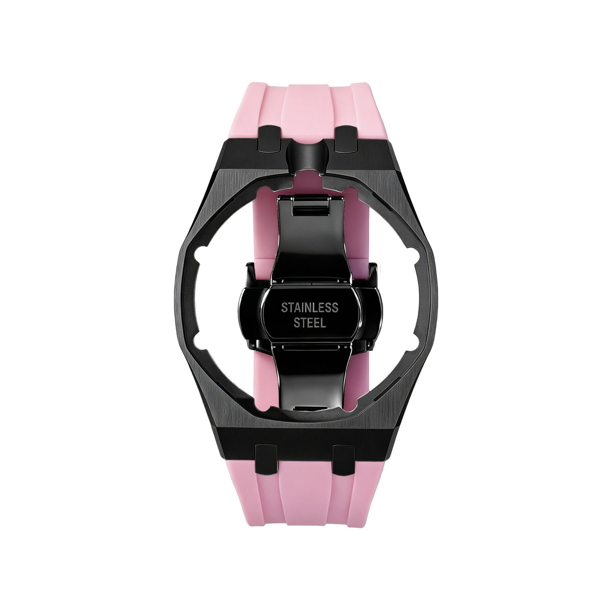 42mm black steel conversion case with pink rubber strap, crown at 12 o'clock