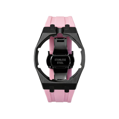 42mm black steel conversion case with pink rubber strap, crown at 12 o'clock