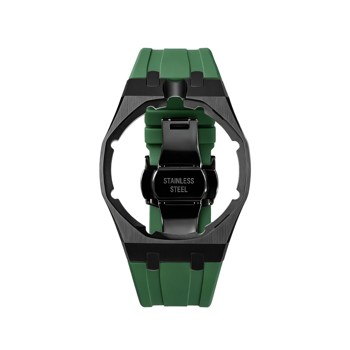 42mm black steel conversion case with green rubber strap, crown at 12 o'clock