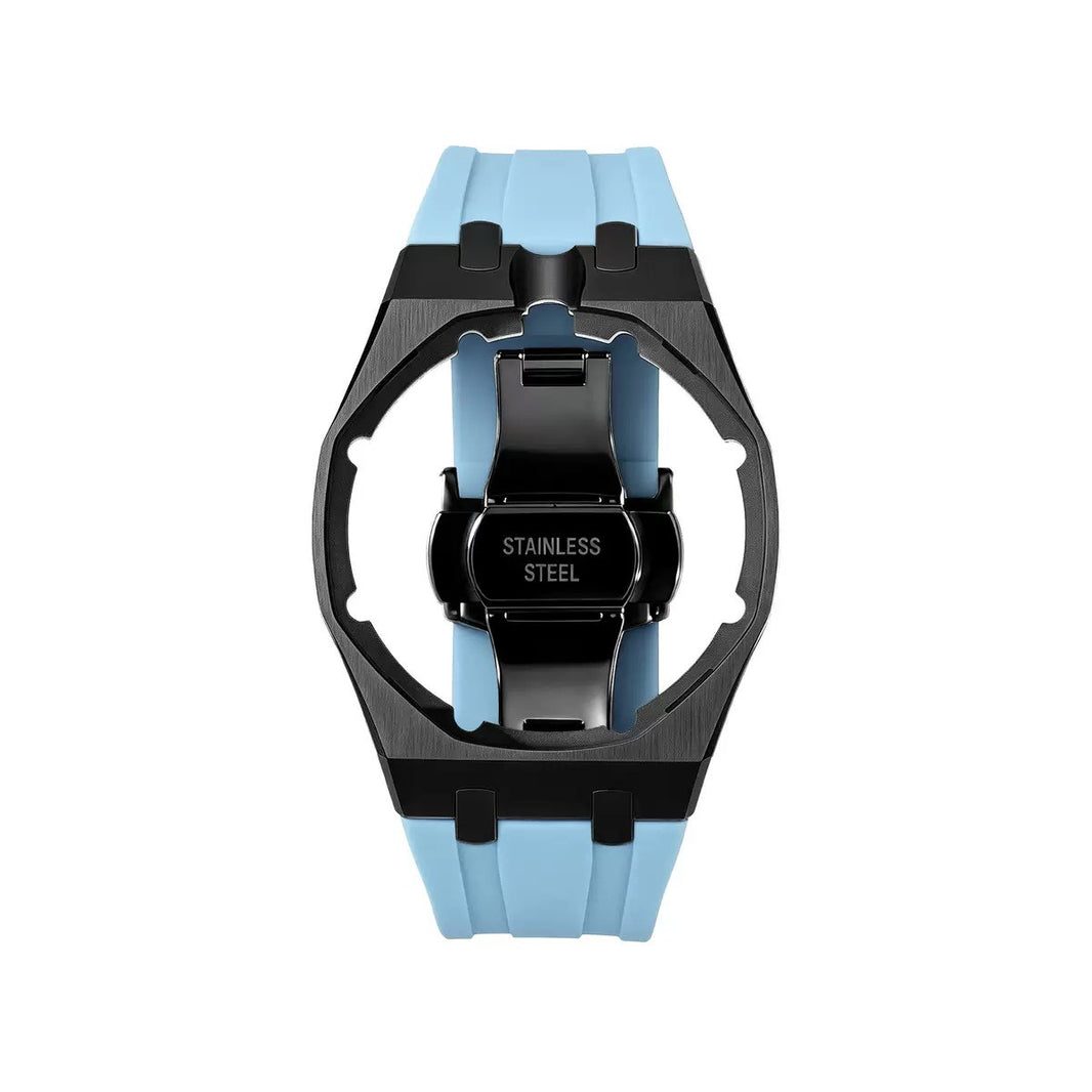 42mm black steel conversion case with ice blue rubber strap, crown at 12 o'clock