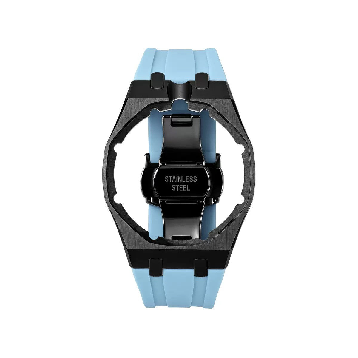 42mm black steel conversion case with ice blue rubber strap, crown at 12 o'clock